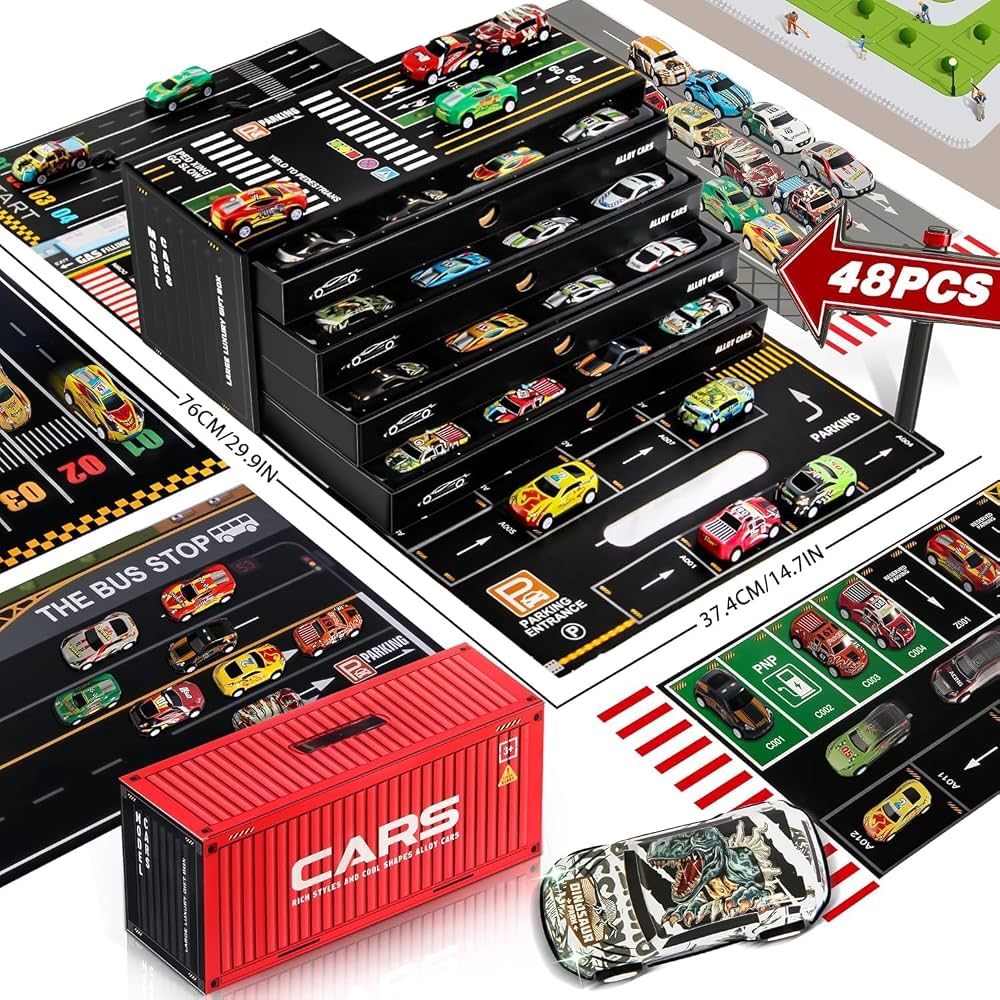Toy Cars for Kids, 48 Pull Back Race Cars Toys, Container Storage Box,