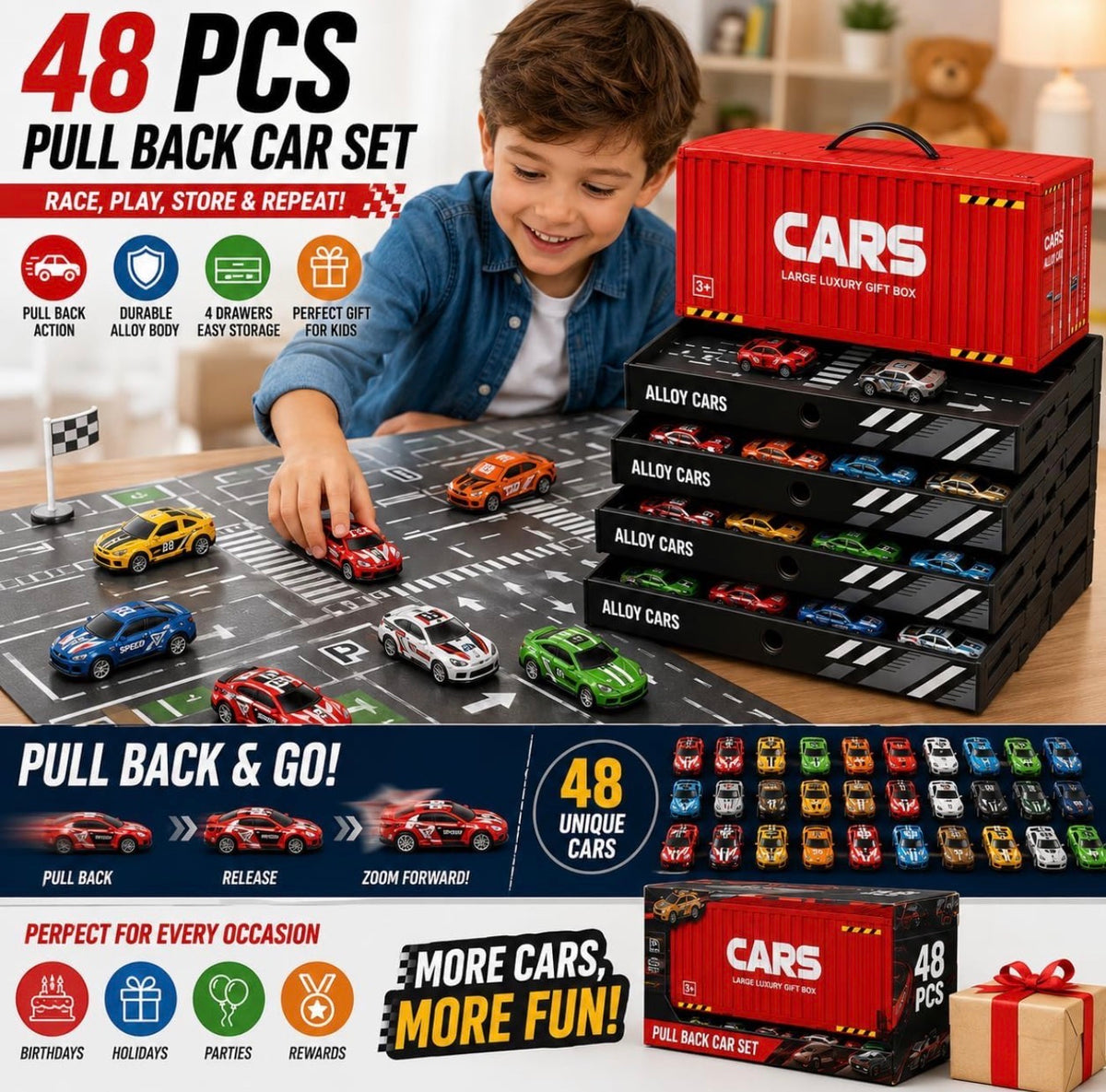 Toy Cars for Kids, 48 Pull Back Race Cars Toys, Container Storage Box,