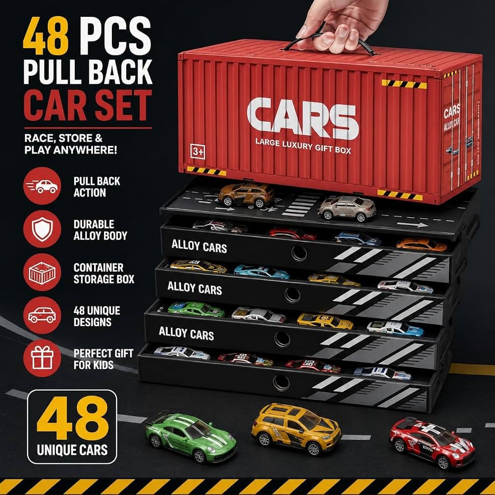 Toy Cars for Kids, 48 Pull Back Race Cars Toys, Container Storage Box,